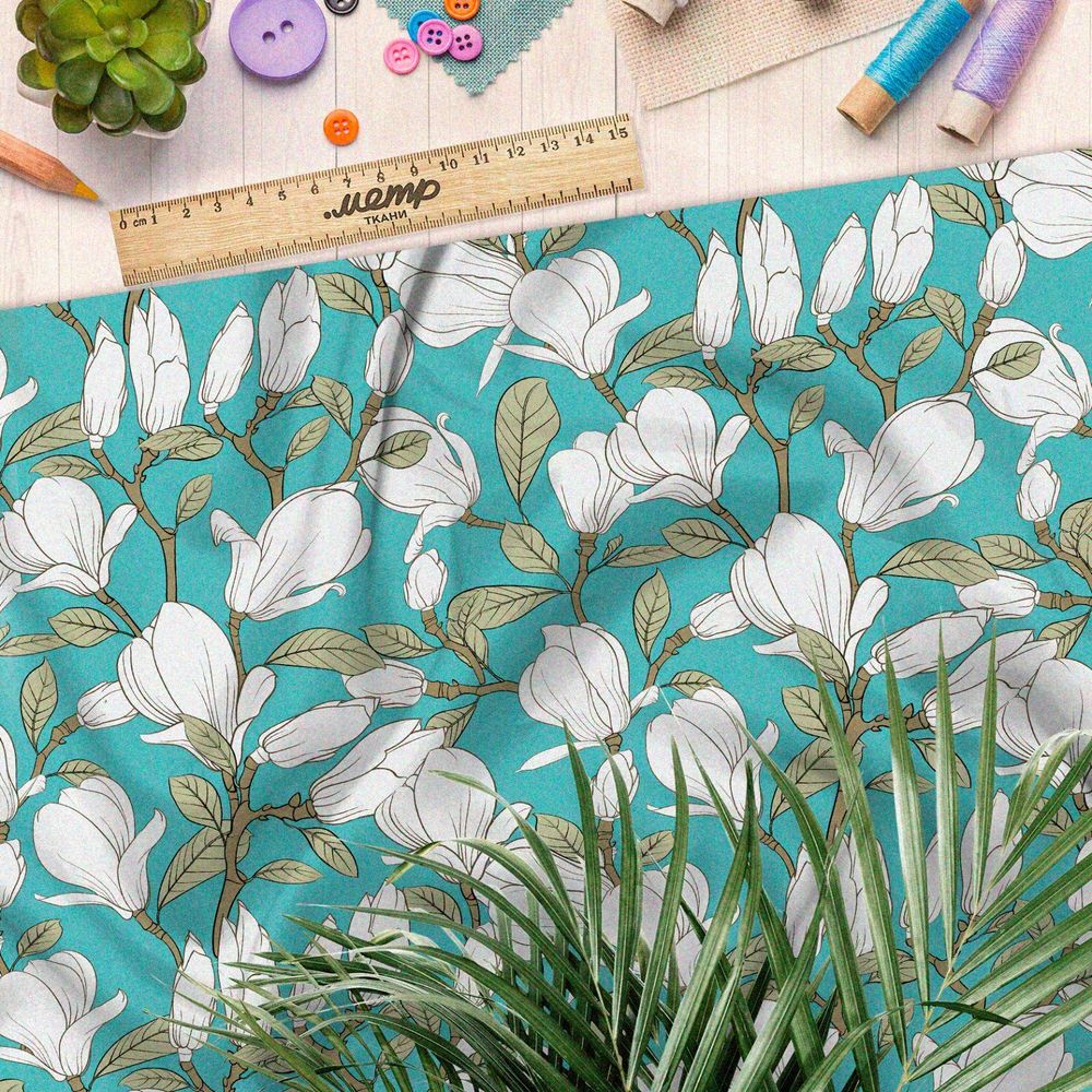 Ткань ниагара белые бутоны на бирюзовом фоне