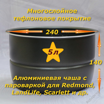 Сменная чаша (кастрюля) с тефлоновым покрытием для мультиварки-скороварки на 5 литров с бортиком для паровой пластины