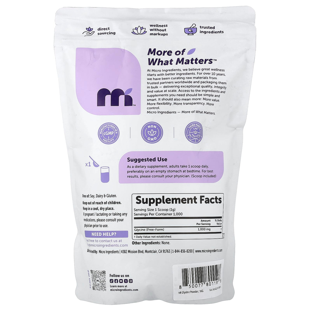 Micro Ingredients, глицин в порошке, 1 кг (2,2 фунта)