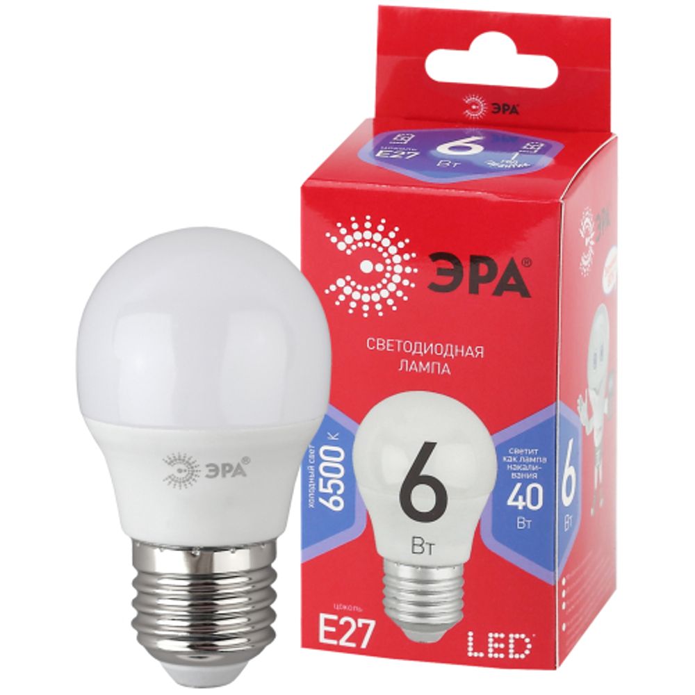 Лампа светодиодная ЭРА RED LINE LED P45-6W-865-E27 R 6Вт шар холодный дневной свет E27 | Лампы cветодиодные Шар (G/P)