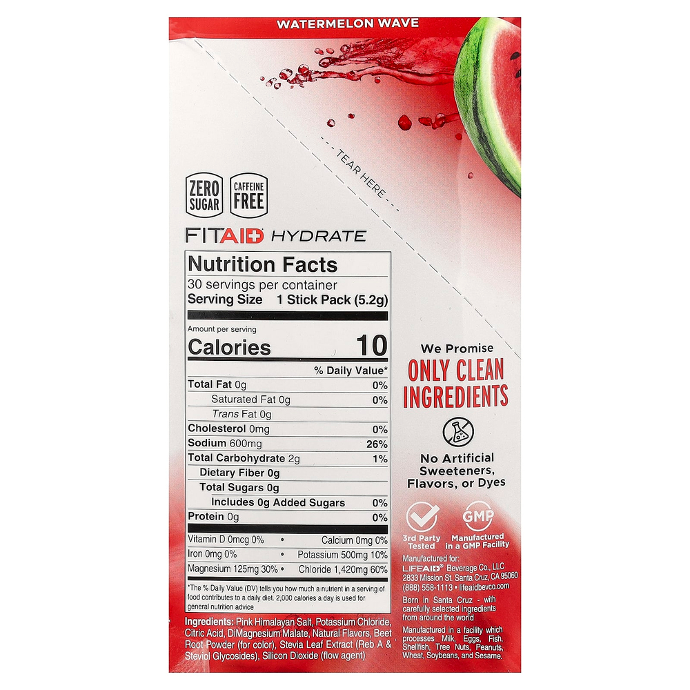 FITAID, Hydrate, арбузная волна, 30 стиков по 5,2 г (0,18 унции)