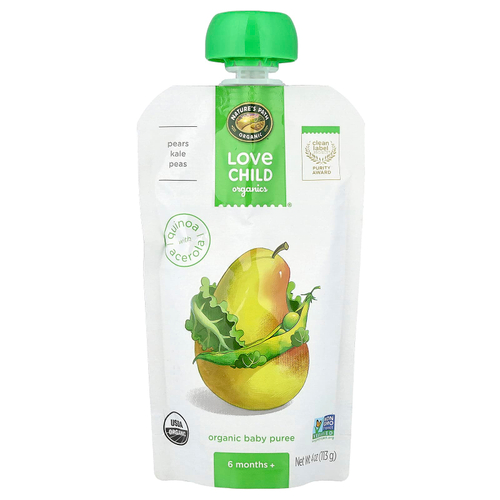 Love Child Organics, Nature's Path, органическое пюре для детей, для детей от 6 месяцев, груши, кудрявая капуста и горох, 113 г (4 унции)