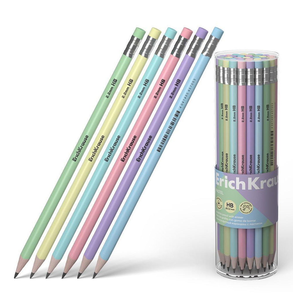 Карандаш ч/г трехгранный, с ластиком HB "Pastel" (Erich Krause)