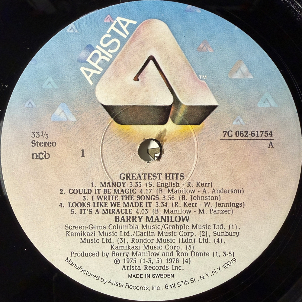 Barry Manilow ‎– Greatest Hits (Швеция 1978г.)