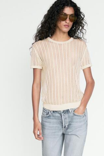 Massimo Dutti Вязаный топ с короткими рукавами и ажурной отделкой, кремовый