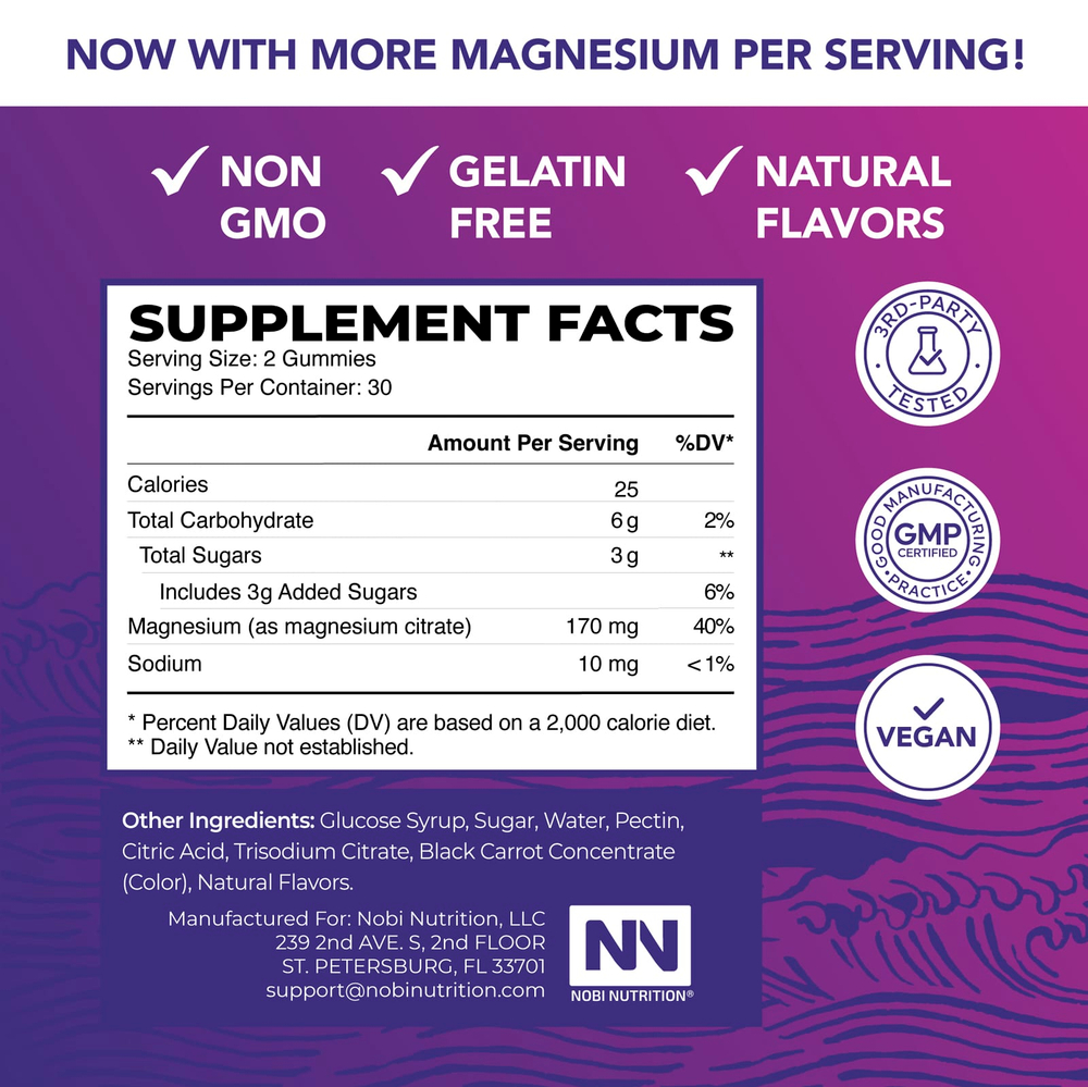 Nobi Nutrition, жевательные таблетки с цитратом магния, высокая степень усвояемости, малина, 60 жевательных таблеток (85 мг в 1 таблетке)