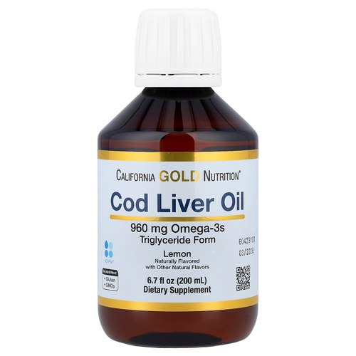 California Gold Nutrition, жир из печени трески с омега-3 жирными кислотами, ЭПК, ДГК, витаминами A и D, норвежский, в форме триглицеридов, натуральный лимонный вкус, 200 мл (6,7 жидк. унции)