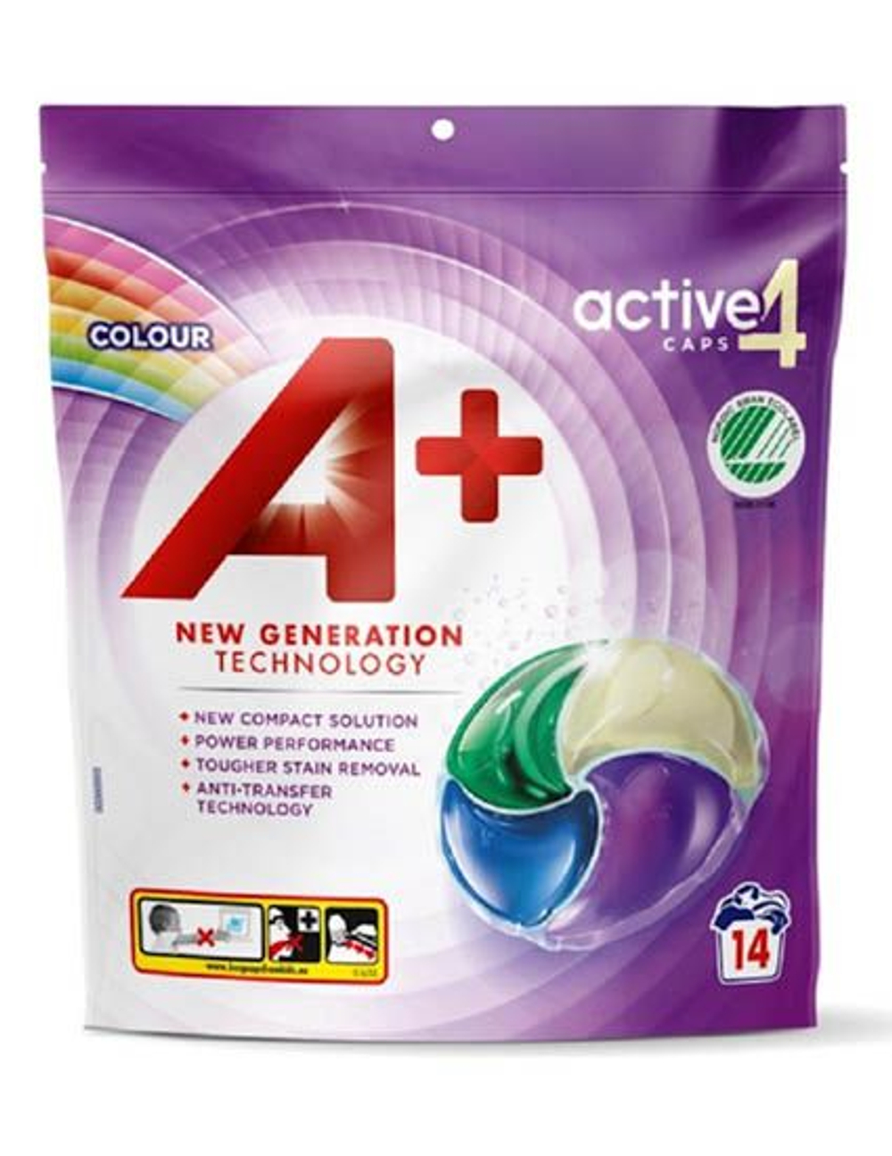Капсулы для стирки A+ Active4 Color NEW GENERATION technology, цветного белья 14 шт (Из Финляндии)