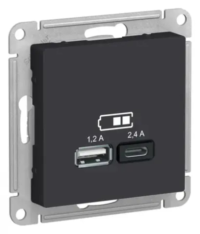 ATLASDESIGN USB РОЗЕТКА А+С, 5В/2,4А, 2х5В/1,2А, механизм, КАРБОН