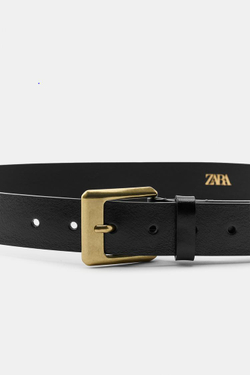 ZARA РЕМЕНЬ ИЗ 100% КОЖИ С КВАДРАТНОЙ ПРЯЖКОЙ, ЧЕРНЫЙ