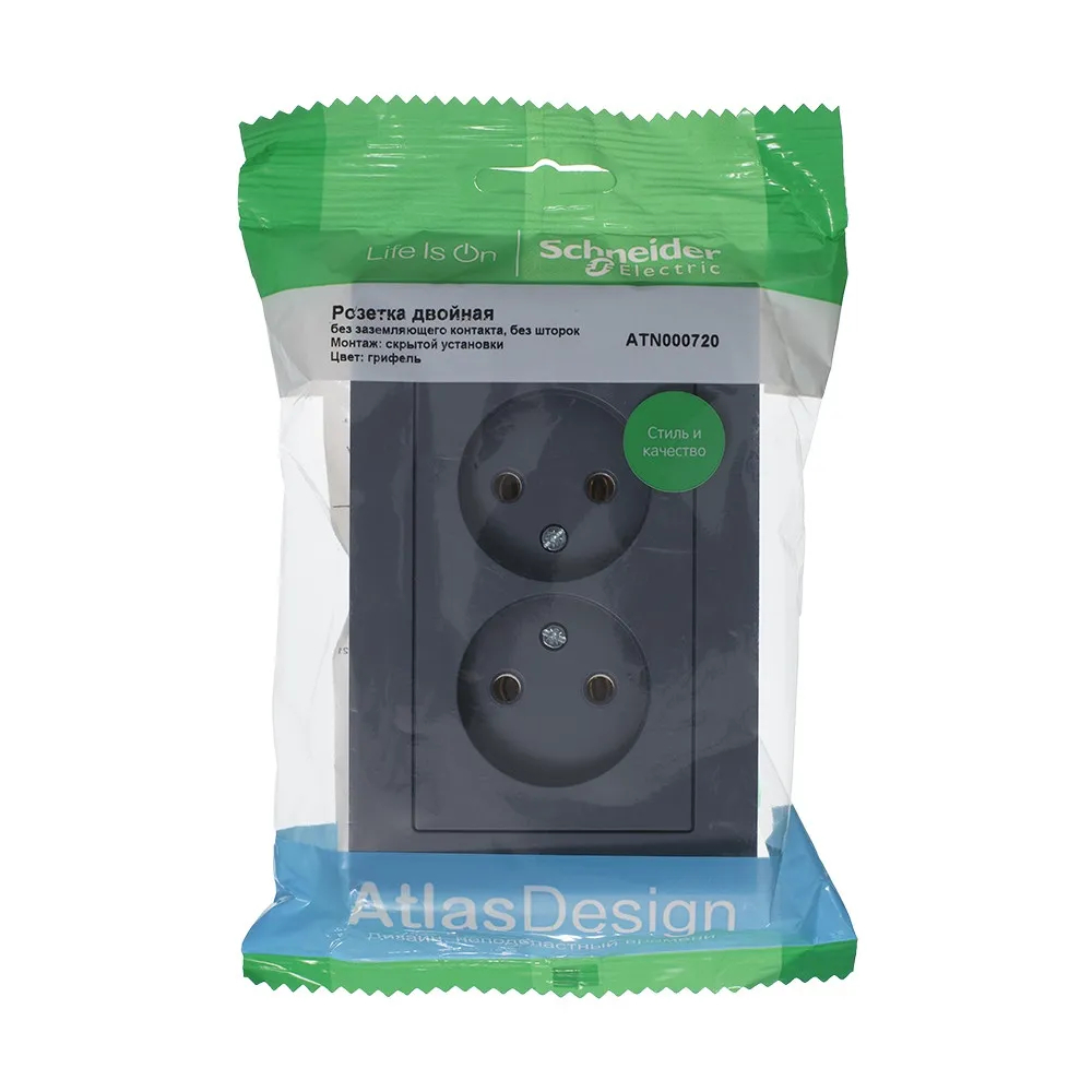 ATLASDESIGN РОЗЕТКА двойная без заземления, 16А, в сборе, ГРИФЕЛЬ