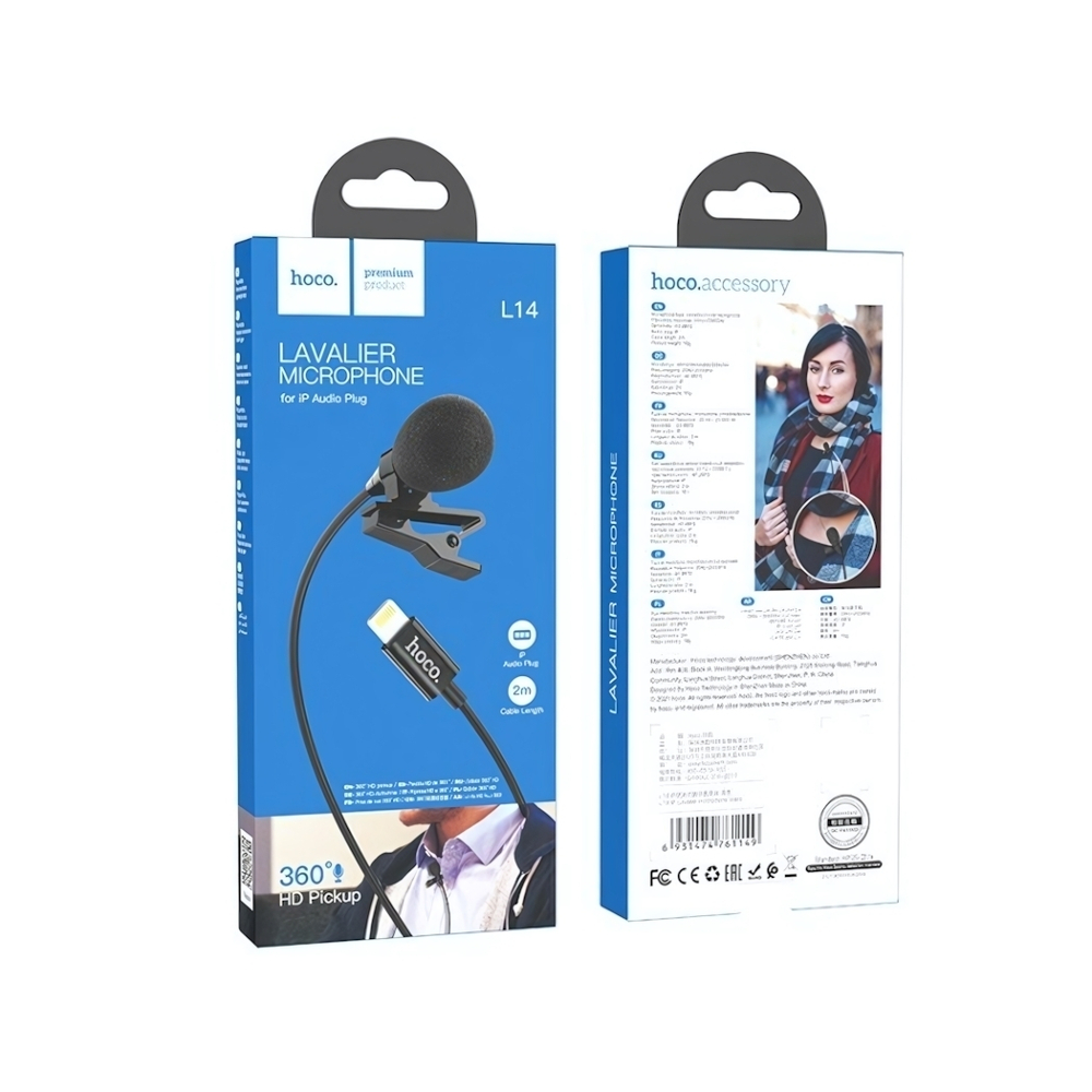Микрофон петличный HOCO L14, разъем Lightning, кабель 2 м Black