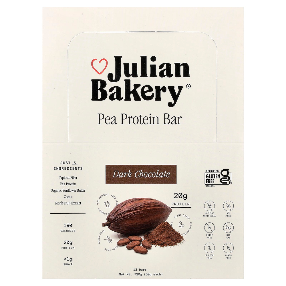 Julian Bakery, батончик с гороховым протеином, темный шоколад, 12 шт. по 60 г (2,1 унции)