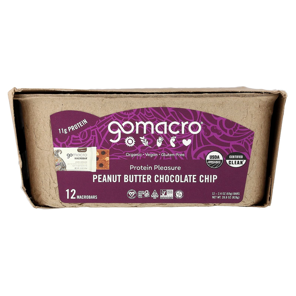 GoMacro, MacroBar®, протеиновое наслаждение, арахисовая паста и шоколадная крошка, 12 батончиков по 69 г (2,4 унции)