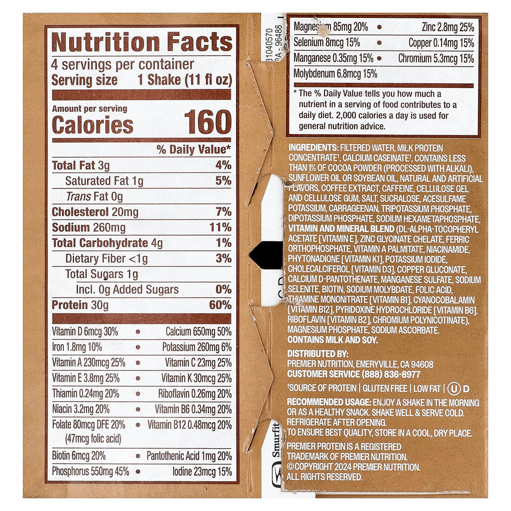 Premier Protein, высокопротеиновый коктейль, со вкусом кофе латте, 4 шт. по 325 мл (11 жидк. унций)