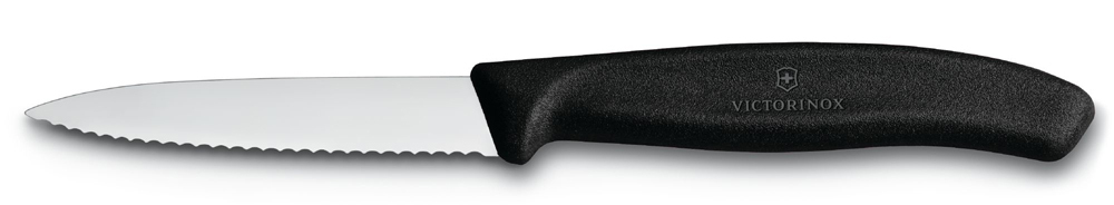 Фото нож для овощей VICTORINOX SwissClassic стальное лезвие 8 см с волнистой заточкой и заострённым кончиком чёрная пластиковая рукоять с гарантией