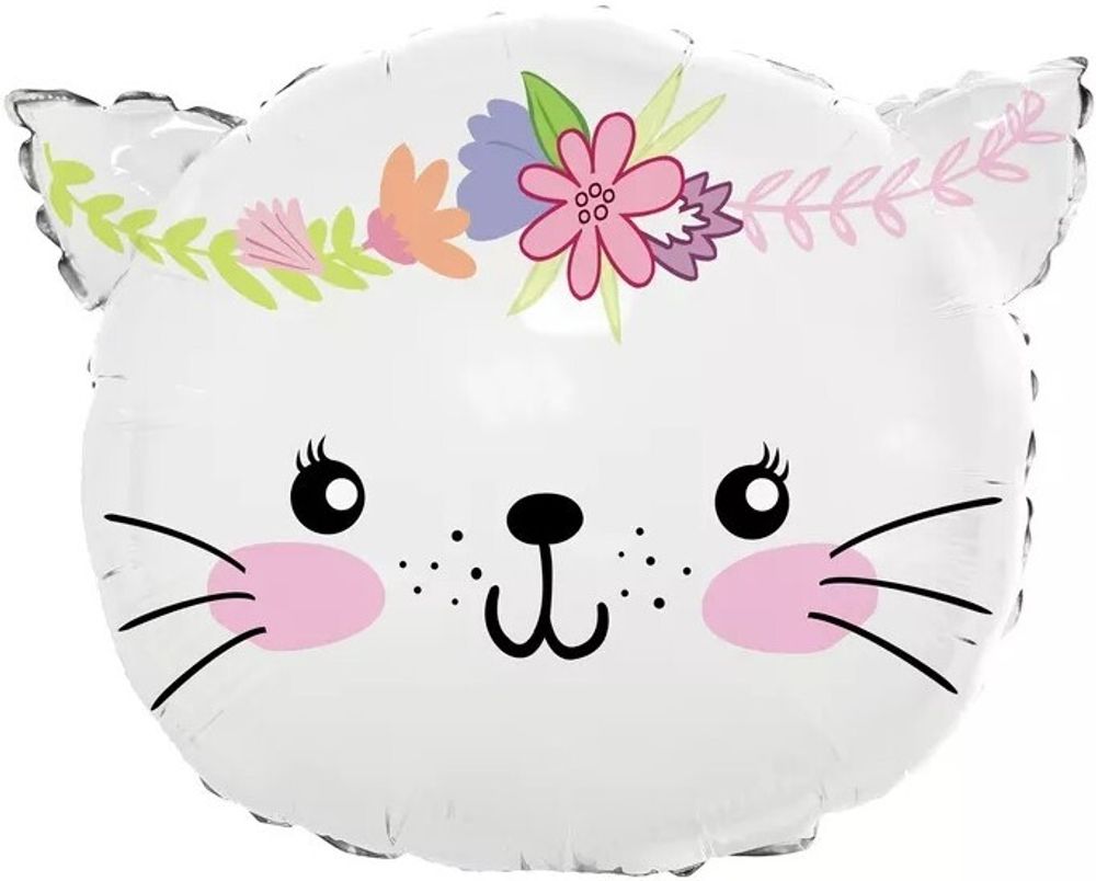 Шар (23''/58 см) Фигура, Котенок в цветах, Белый, 1 шт.