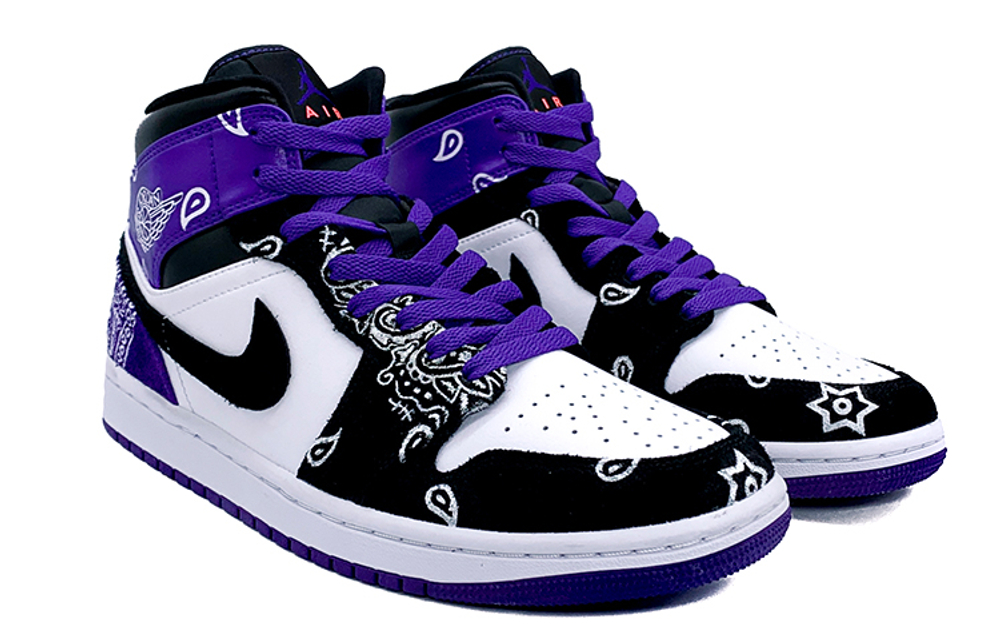 Jordan Air Jordan 1 Mid SE Mid top Vintage Basketball Shoes Unisex Black White Purple