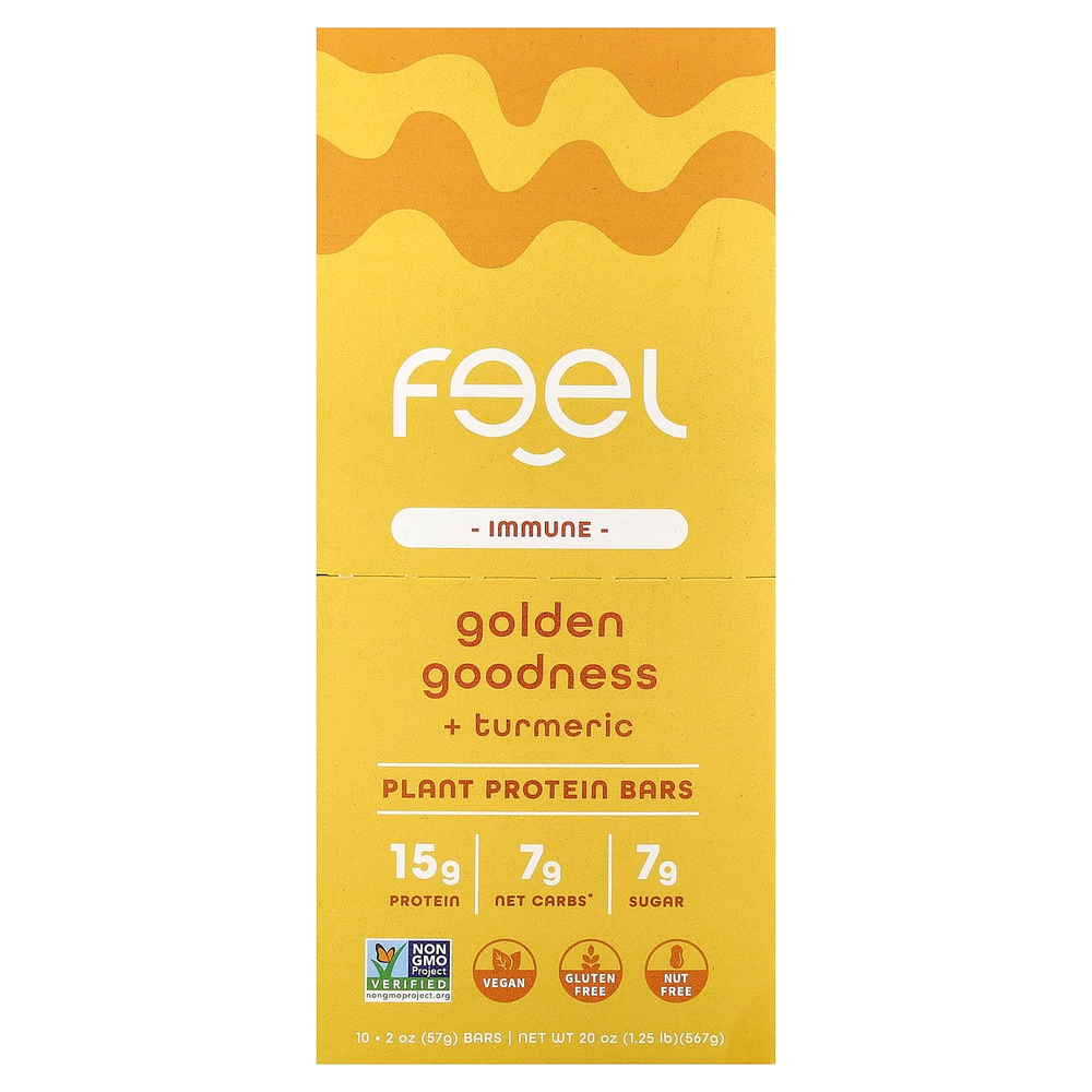 The Feel Bar, Immune, батончики с растительным протеином, «золотая польза» и куркума, 10 батончиков по 57 г (2 унции)