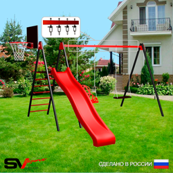 Уличные качели Sv Sport с горкой УК194КВ2 (3.7м/Щит баскет/Со спинкой/Деревянные/Подвесы на втулке 2к)