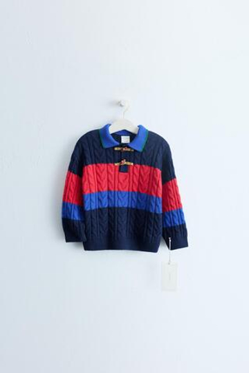 ZARA TIMELESS — СВИТЕР ПОЛО ИЗ ХЛОПКА И ШЕРСТИ С УЗОРОМ «КОСЫ», МОРСКОЙ ТЕМНО-СИНИЙ