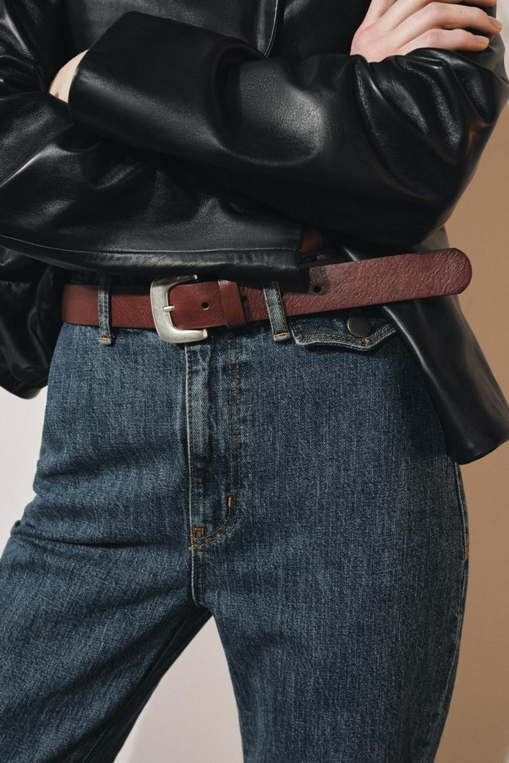 ZARA РЕМЕНЬ ИЗ 100% КОЖИ С МЕТАЛЛИЧЕСКОЙ ПРЯЖКОЙ, КОРИЧНЕВЫЙ