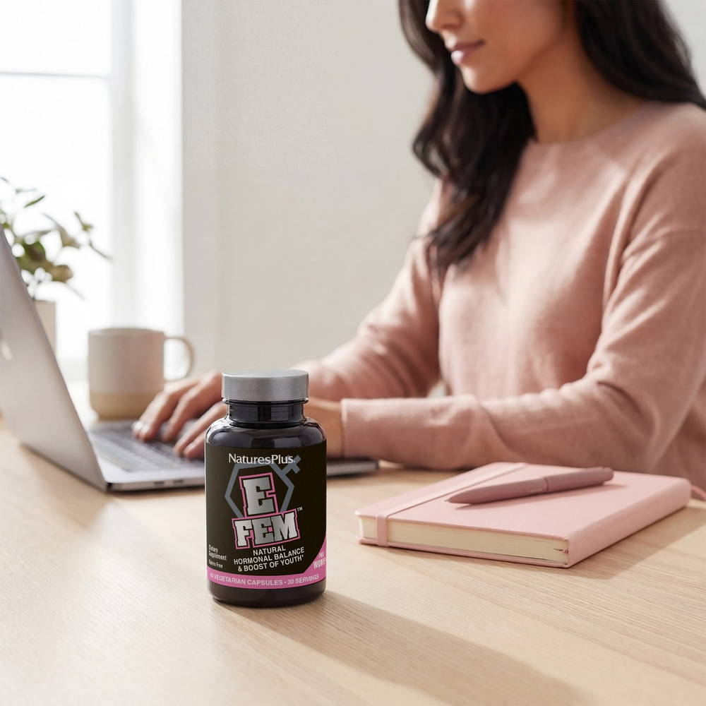 NaturesPlus, E Fem™ для женщин, натуральный гормональный баланс и поддержка молодости, 60 вегетарианских капсул