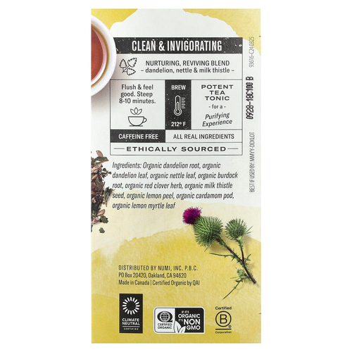 Numi Tea, Organic Dandelion Detox™, без кофеина, 16 чайных пакетиков без ГМО, 32 г (1,13 унции)