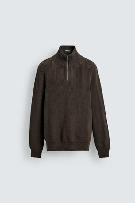 ZARA ДЖЕМПЕР ВЯЗАНЫЙ ЖЕМЧУЖНЫМ УЗОРОМ С ВОРОТНИКОМ НА МОЛНИИ, ШОКОЛАДНЫЙ