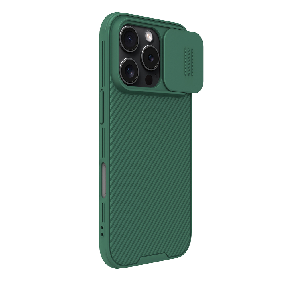 Чехол зеленого цвета (Dark Green) от Nillkin c поддержкой магнитной зарядки MagSafe для iPhone 16 Pro, с защитной шторкой камеры, серия CamShield Pro Magnetic