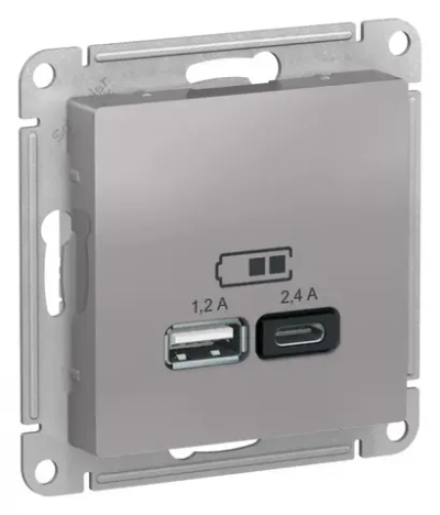 ATLASDESIGN USB РОЗЕТКА А+С, 5В/2,4А, 2х5В/1,2А, механизм, АЛЮМИНИЙ