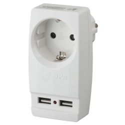 Разветвитель электрический ЭРА SP-1e-USB-W на 1 розетку + 2 USB с заземлением 16А белый | Тройники