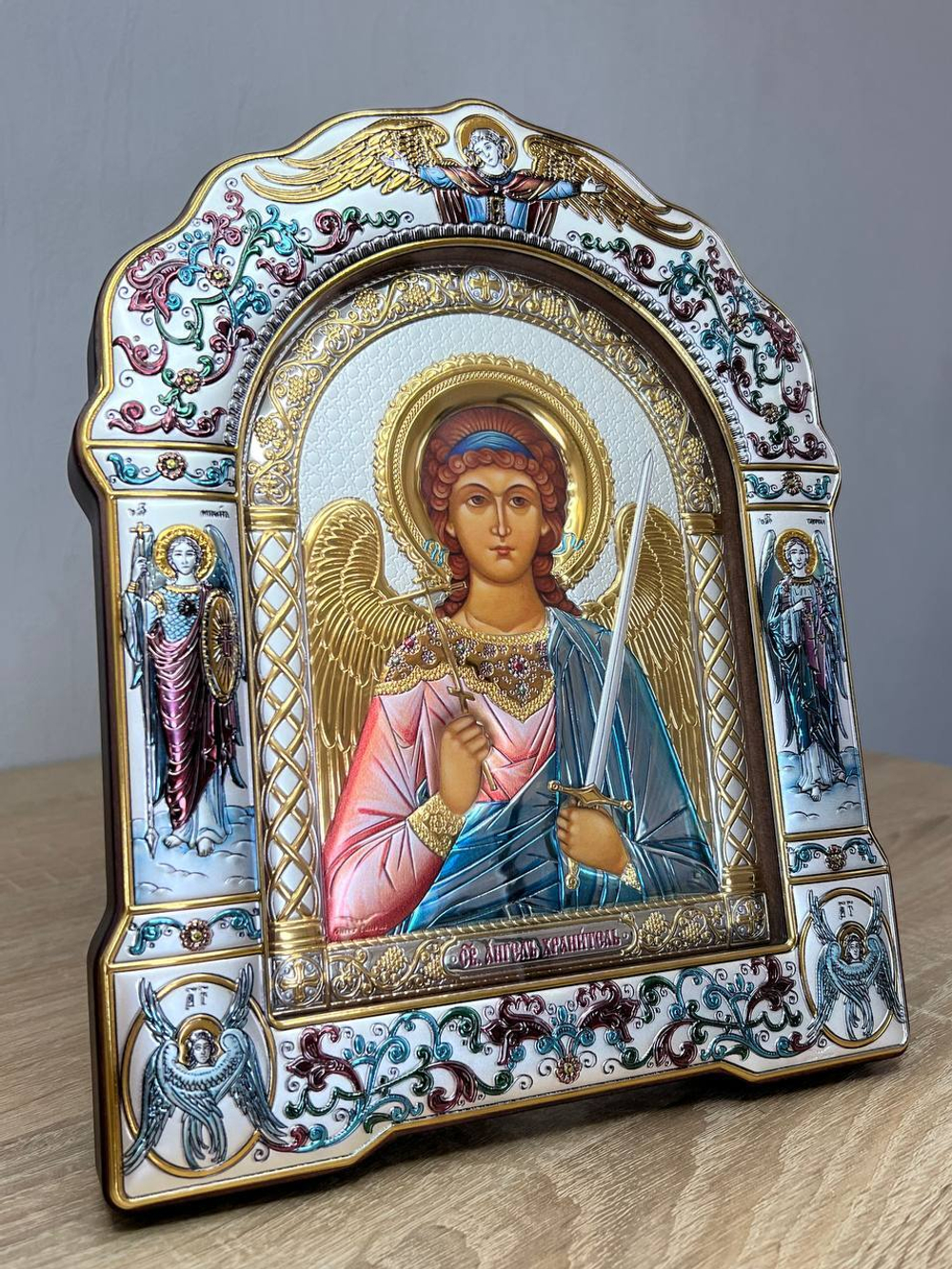 Ангел Хранитель, икона арочная с рамкой под стеклом, красное дерево, эмаль 206х270