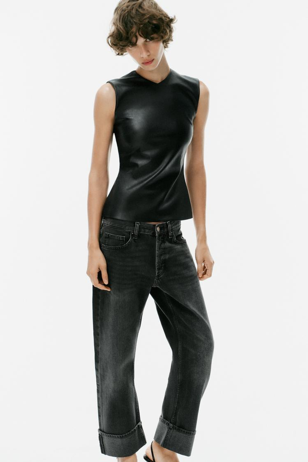 ZARA ТОП ИЗ ИСКУССТВЕННОЙ КОЖИ, ЧЕРНЫЙ