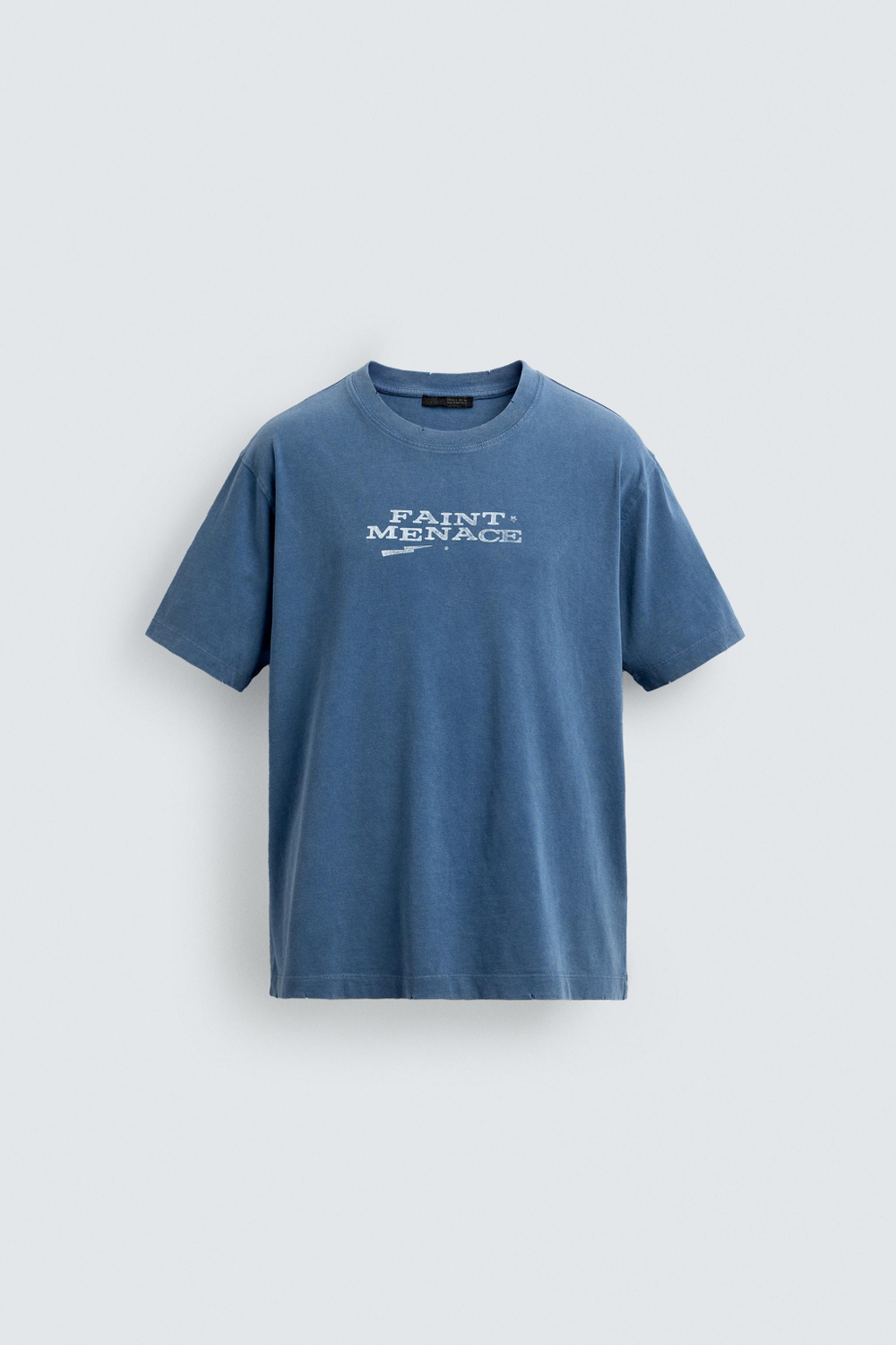 ZARA ФУТБОЛКА ИЗ ТКАНИ С ЭФФЕКТОМ ПОТЕРТОСТИ С НАДПИСЬЮ, НЕБЕСНО-ГОЛУБОЙ