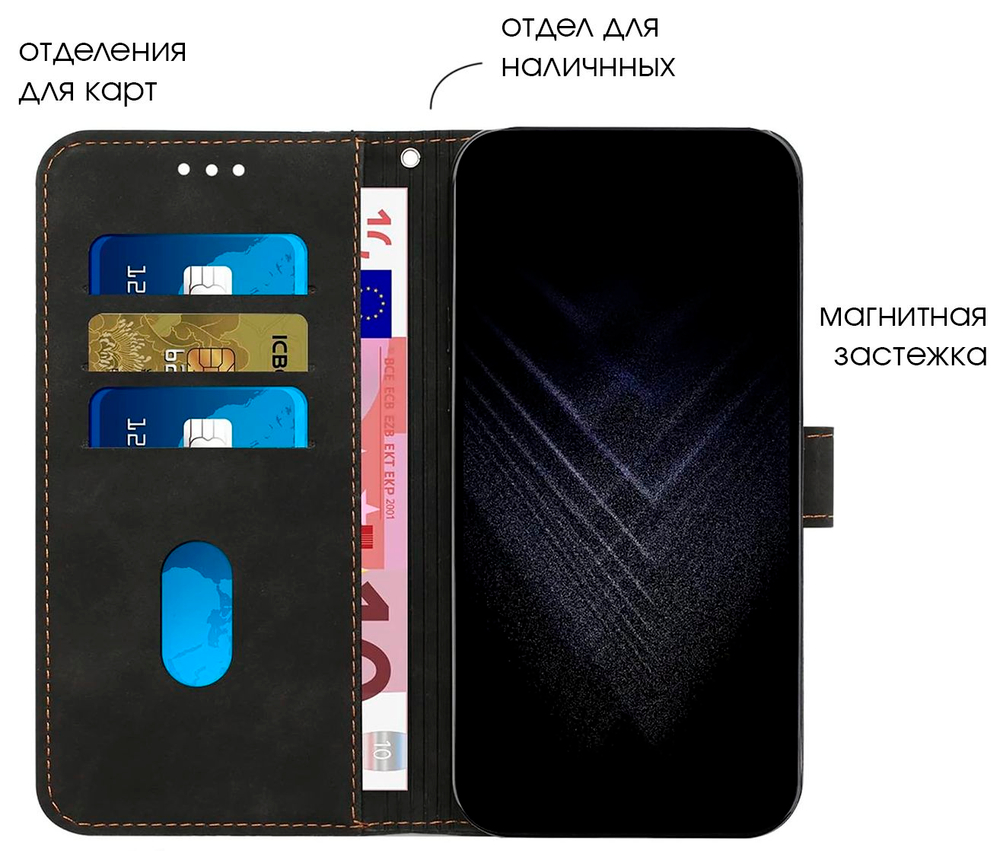 Кожаный чехол-книжка для IPHONE 13 PRO с отделом для наличных, 3 слотами для карт и подставкой