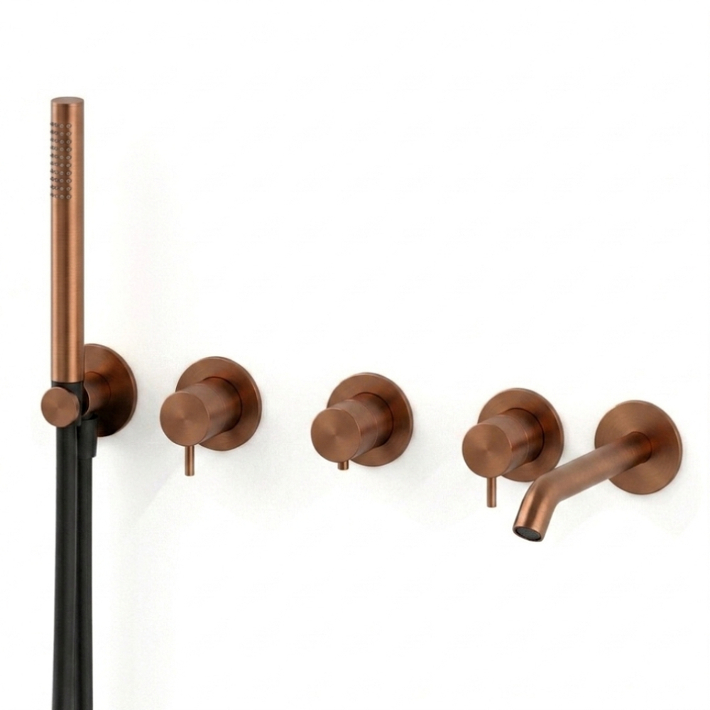 Внешняя часть термостатического смесителя для ванны HAPA TMH на 2 режима с ручным душем и изливом (цвет – медь браш. PVD) TMH.0017.PEX.BBCUPVD