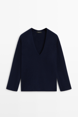 Massimo Dutti Джемпер из смесовой шерсти с V-образным вырезом, индиго