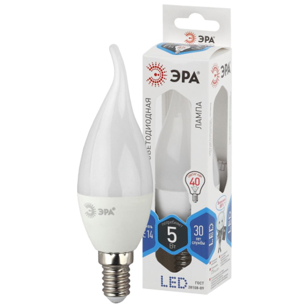 Лампа светодиодная ЭРА STD LED BXS-5W-840-E14 5Вт свеча на ветру нейтральный белый свет Е14 | Лампы cветодиодные Свеча (B/C)