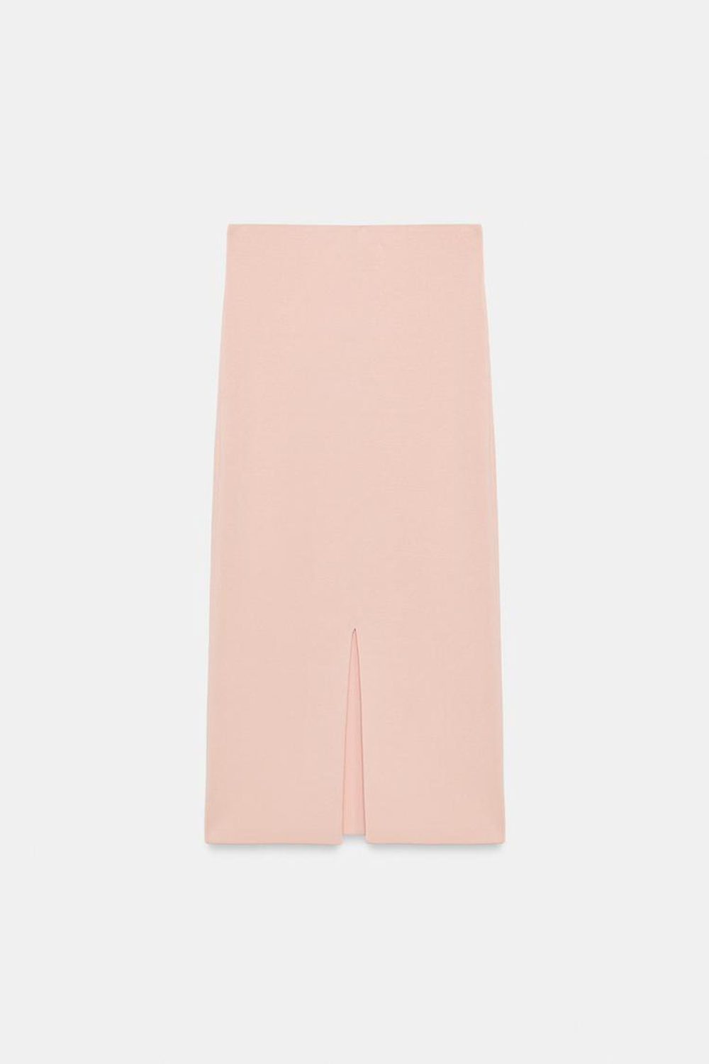 ZARA ТРИКОТАЖНАЯ ЮБКА МИДИ, ПАСТЕЛЬНО-РОЗОВЫЙ