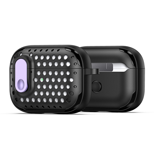 Усиленный чехол черного цвета с фиолетовой кнопкой от Dux Ducis для наушников Airpods Pro 2, серия PECM Series Case, в комплекте с карабином
