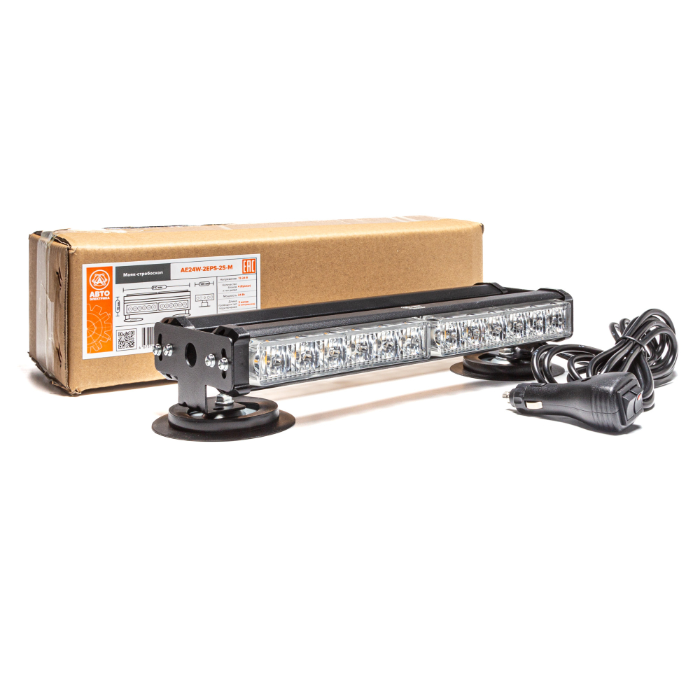 AE24W-2EPS-2S-M Маяк-стробоскоп 12/24 В, 24 Вт, желтый, 2-стор. (2+2 блока Epistar), 13 реж., крепление на магните, прикуриватель (провод 3м), 310*120*78 мм