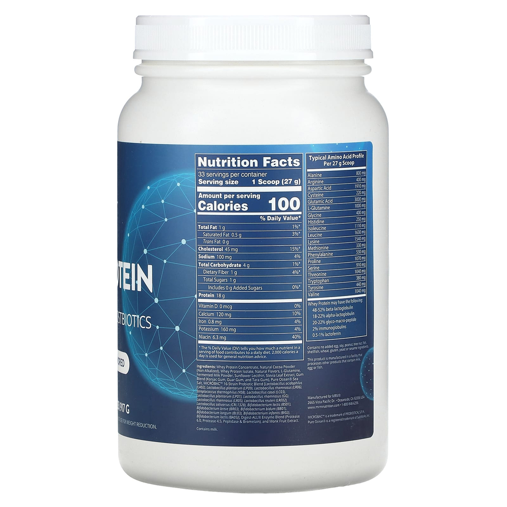 MRM Nutrition, сывороточный протеин, с пробиотиками и постбиотиками, со вкусом шоколада, 917 г (2,02 фунта)