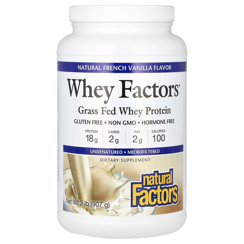Natural Factors, Whey Factors, сывороточный протеин от коров травяного откорма, натуральная французская ваниль, 907 г (2 фунта)