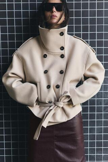 ZARA КОРОТКО ПАЛЬТО С ПОЯСОМ, ЭКРЮ