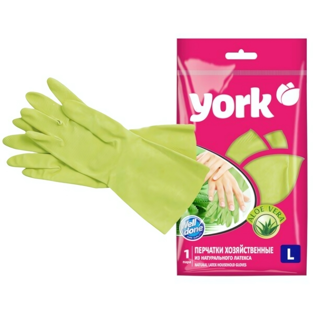 Перчатки резиновые с хлопковым напылением, пропитка Алоэ (L) YORK
