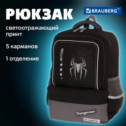 Рюкзак BRAUBERG STAR, "Spider", черный, 40х29х13 см, 229978
