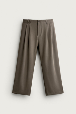 ZARA БРЮКИ WIDE FIT СО СКЛАДКАМИ, СЕРО-КОРИЧНЕВЫЙ