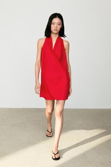 Massimo Dutti Мини-платье из 100% льна с запахом, красный