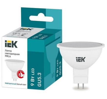 Лампа светодиодная 9Вт MR16 софит 4000К нейтр. бел. GU5.3 230В IEK LLE-MR16-9-230-40-GU5